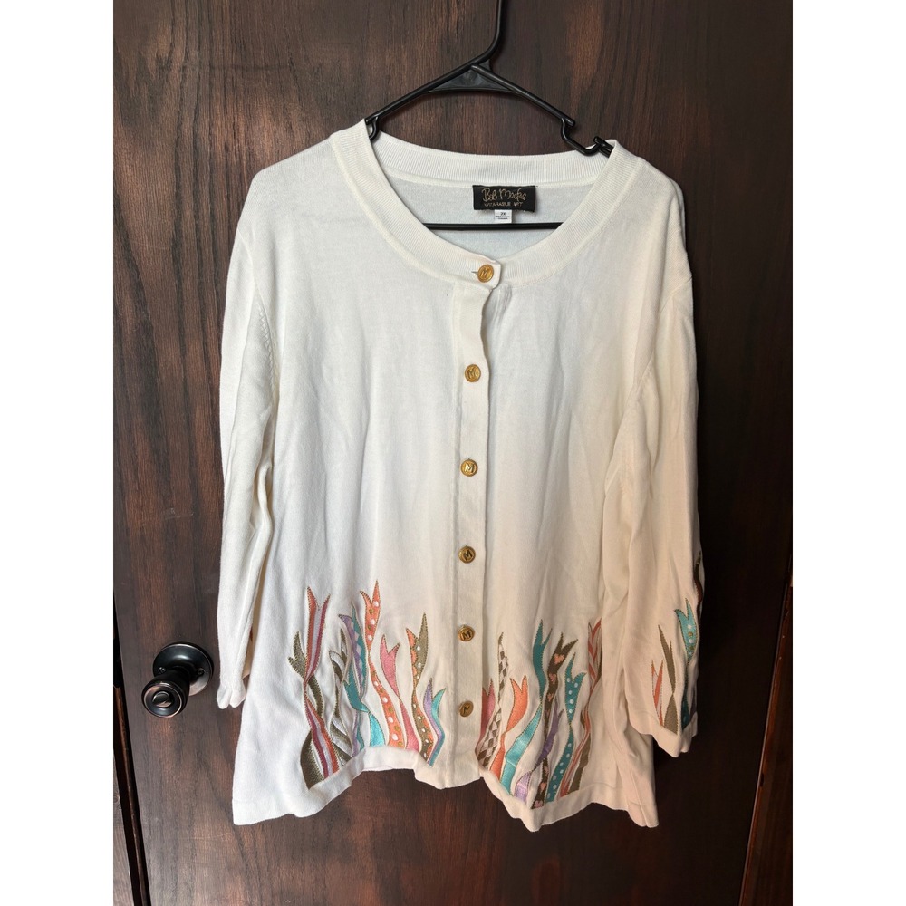 Bob Mackie Wearable Art White Embroidered Cardigan Sweater Gold Logo Buttons 2X